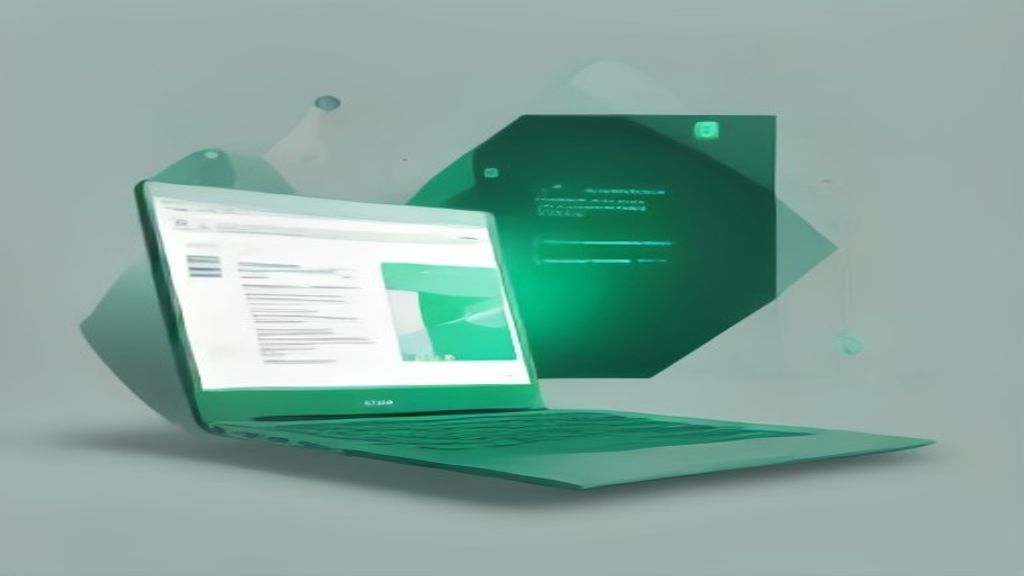 A laptop showing an AI chat answer with a cited source page open beside it, in muted green editorial style.